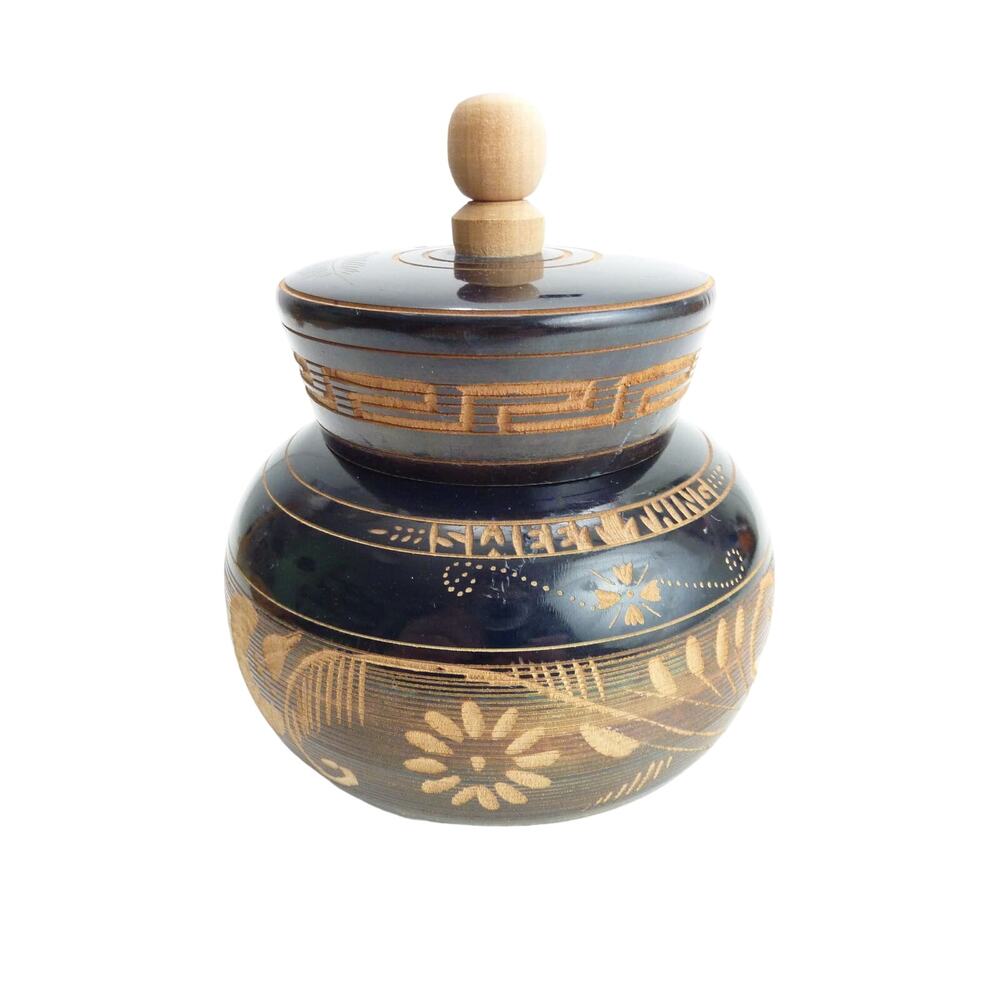 Vintage Hand Carved Wood Lacquer Trinket Box Floral Etched Round Lid Cabo